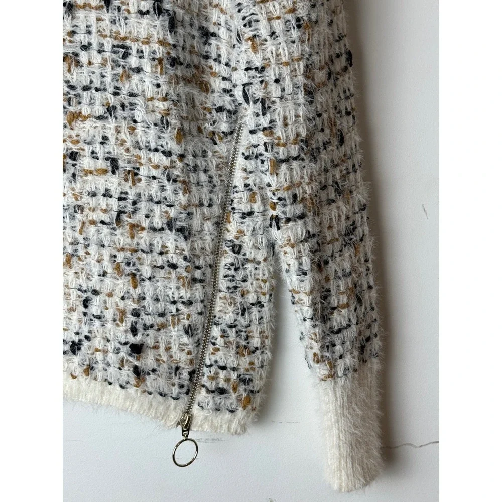 Bobeau Sweater Women XS Ivory Black Tweed‎ Knit Side Zip Crew Neck Pullover NWT